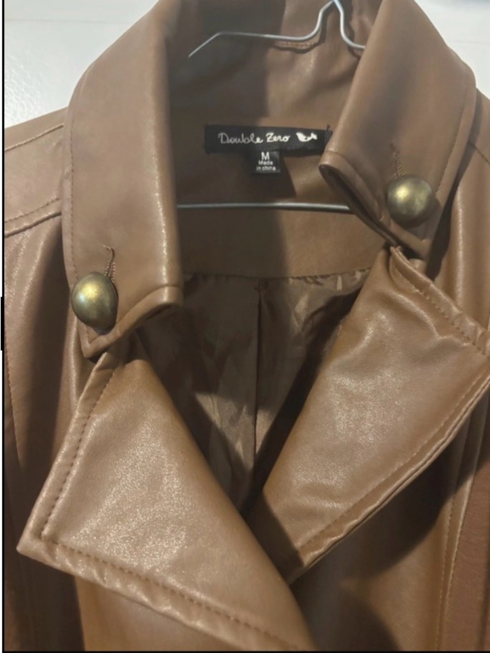 Double Zero Brown Faux Leather Jacket with Brass Buttons